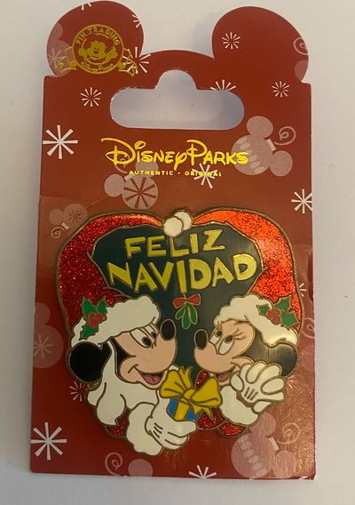 Disney Parks Feliz Navidad Mickey and Minnie Christmas Pin New w Card