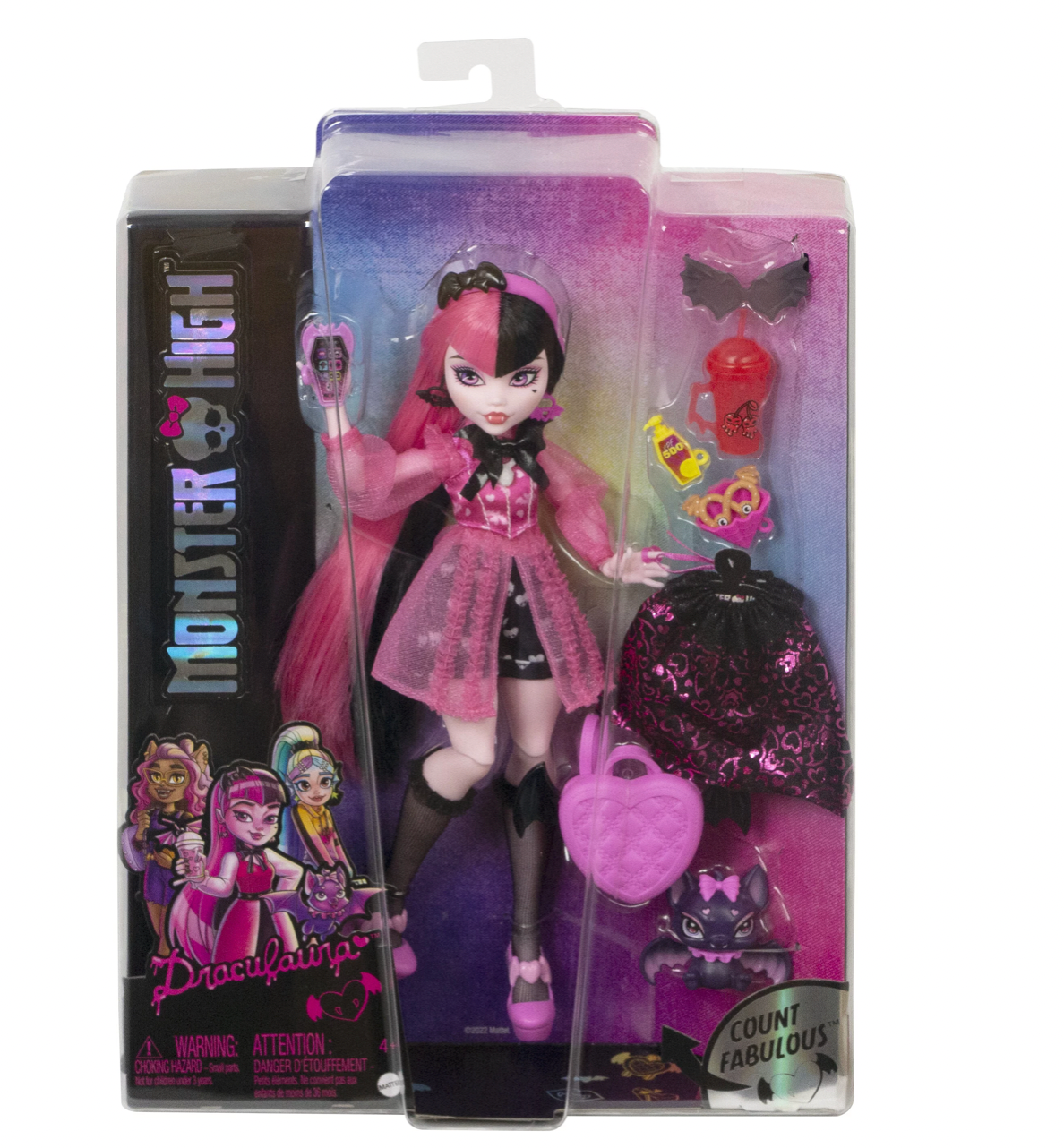 Mattel Monster High Draculaura with Pet Bat, Pink and Black Hair New