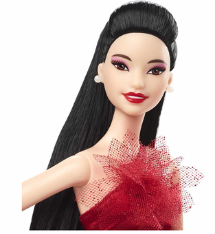 Barbie Signature 2022 Holiday Barbie Doll Straight Black Hair with Doll Stand