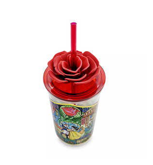Disney Beauty and the Beast Rose Stained Glass Tumbler with Straw New