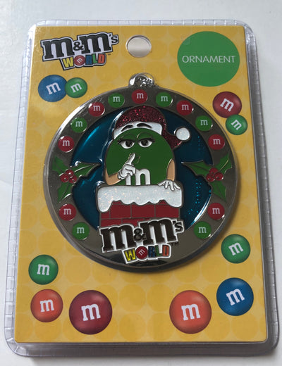 M&M's World Santa Green Christmas Round Metal Ornament New with Card