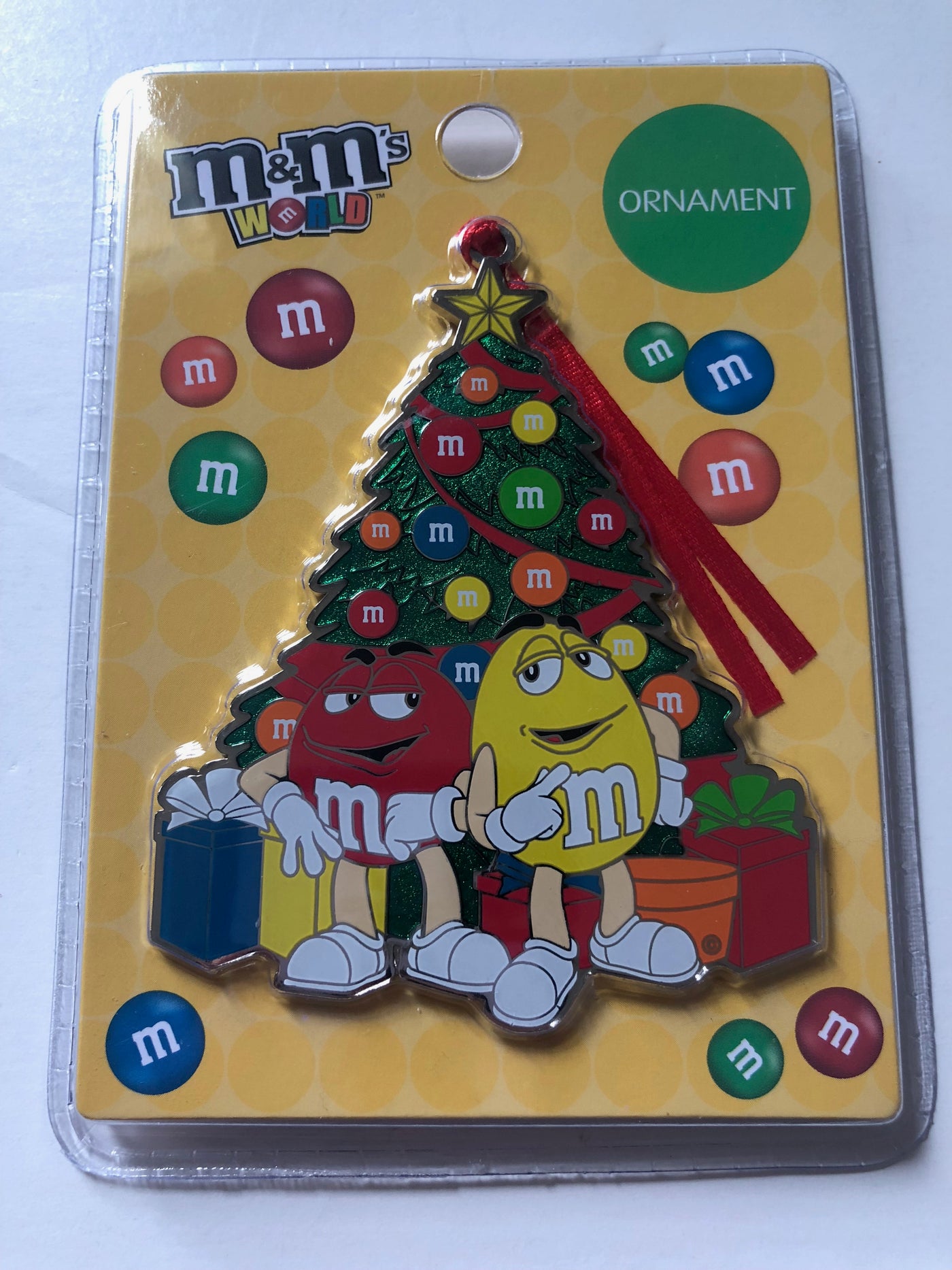 M&M's World Yellow and Red Christmas Tree Metal Ornament New with Card