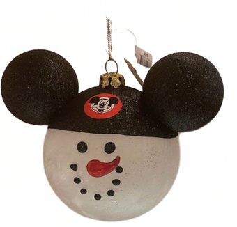 Disney Parks Mickey Icon Ears Hat Snowman Glass Ornament New With Tag