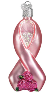 Old World Christmas Pink Ribbon With Roses Cancer Glass Ornament New with Box