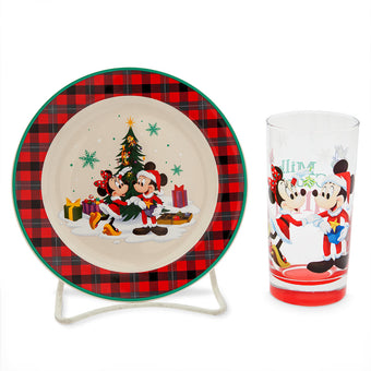 Disney Parks Santa Mickey & Minnie Cookie Plate and Milk Glass Set New with Box