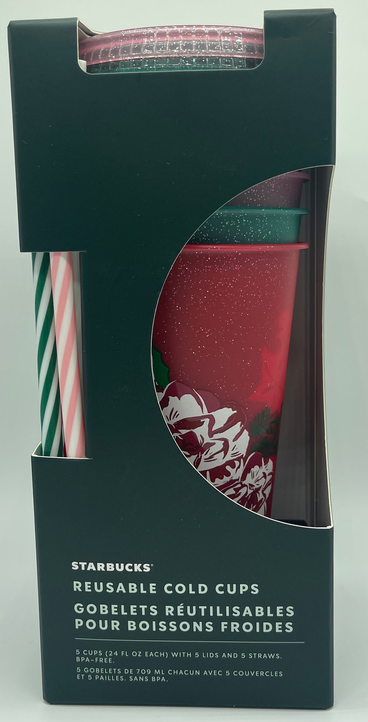 Starbucks Christmas Holiday 2022 Reusable Cold Cups Set 5 with Straw New Box