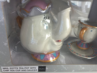 Disney Parks Mrs Potts Teapot with Chip Tea Cup & Saucer Set New with Box