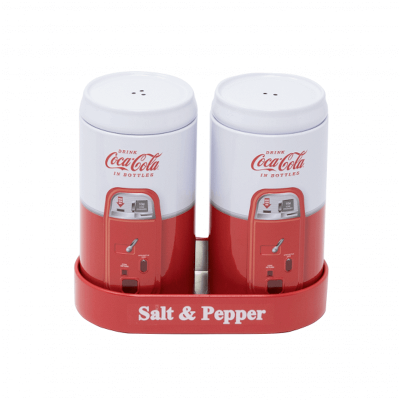 Authentic Coca Cola Coke Salt and Pepper Shakers Set with Caddy New