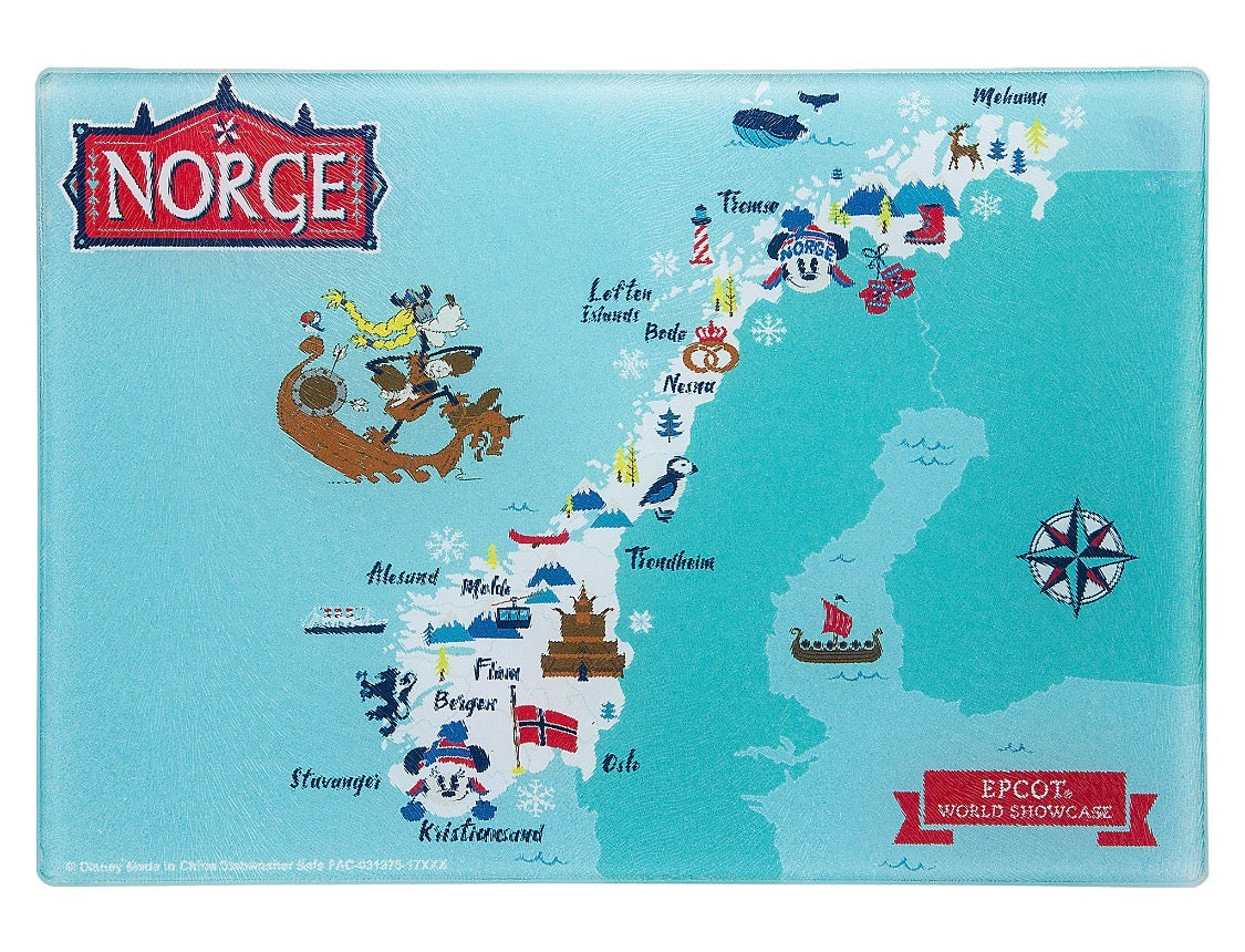 Disney Parks Epcot Mickey & Friends Norway Map Glass Cutting Board New