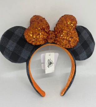 Disney Parks Halloween Minnie Plaid and Orange Bow Ear Headband New with Tags