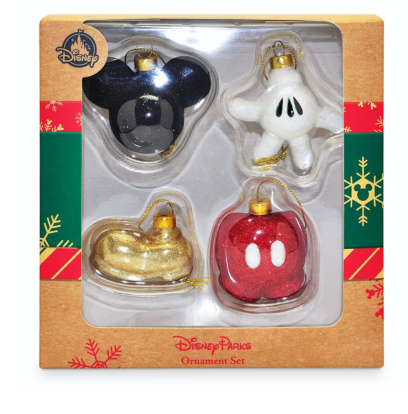 Disney Parks Mickey Mouse Body Parts Glitter Christmas Ornament Set New with Box