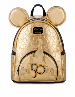 Disney Walt Disney World 50th Anniversary Mickey Leather Gold Mini Backpack New