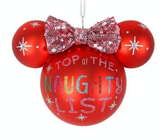 Disney Parks Minnie Naughty List Glass Ball Christmas Ornament New with Tag