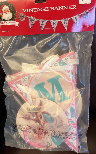 Mr. Christmas est 1933 Pastel Pink Vintage Banner Merry New With Tag