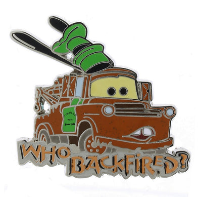 Disney Parks Cars Tow Mater Who Backfired ? Pin New with Card