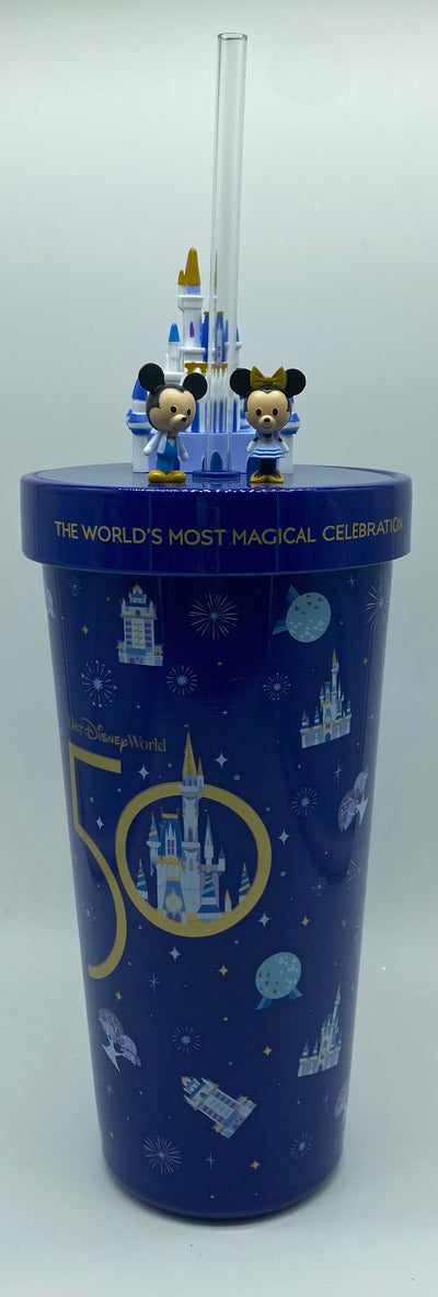 Disney Parks 50th Mickey Minnie Castle Stainless Steel Tumbler with Straw New