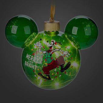 Disney Parks Yuletide Farmhouse Goofy Light-Up Mickey Icon Glass Ornament New
