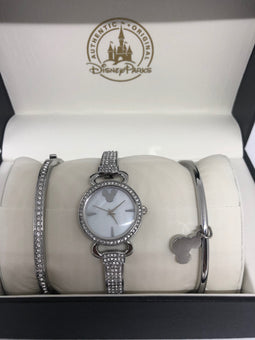 Disney Parks Silver Finish Mickey Icon Watch Set with Bracelet New with Case