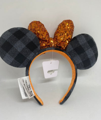Disney Parks Halloween Minnie Plaid and Orange Bow Ear Headband New with Tags