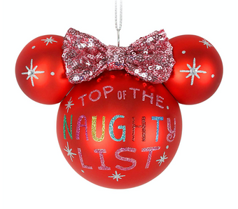 Disney Parks Minnie Naughty List Glass Ball Christmas Ornament New with Tag