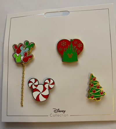 Disney Parks Holiday Mickey Peppermint Balloon Christmas Tree Pin Set New w Card