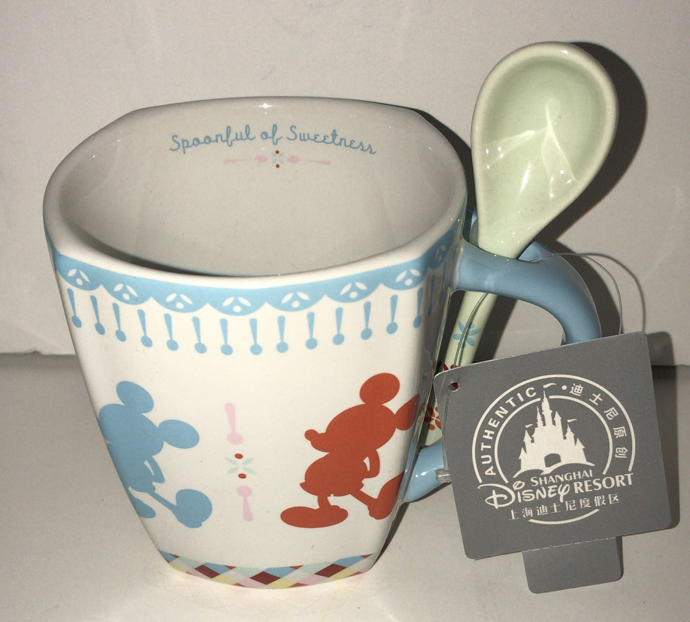 Disney Parks Shanghai Mickey Minnie Spoonful of Sweetness w Spoon Coffee Mug New