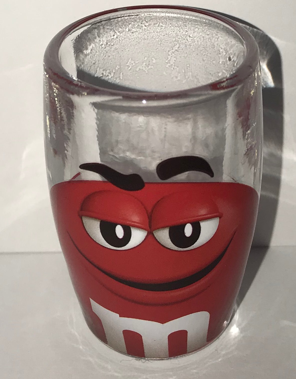 M&M's World Red Big Face Clear Shot Glass New