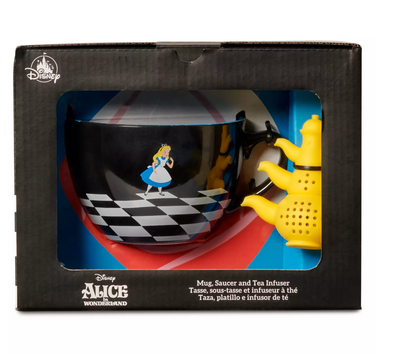 Disney Parks Alice in Wonderland Mug, Saucer and Tea Infuser Set New with Box