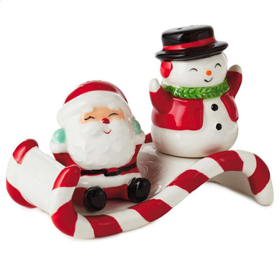 Hallmark Nostalgic Santa Snowman Sledding Salt Pepper Shakers Set of 2 New