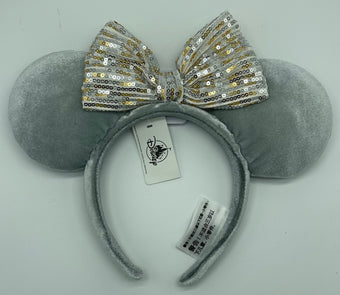 Disney Parks Mickey Minnie Mouse Ears Winter Frost Gray Quilted Bow Headband New
