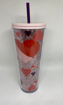 Starbucks Valentine 2021 Hearts Glitter Tumbler with Straw New