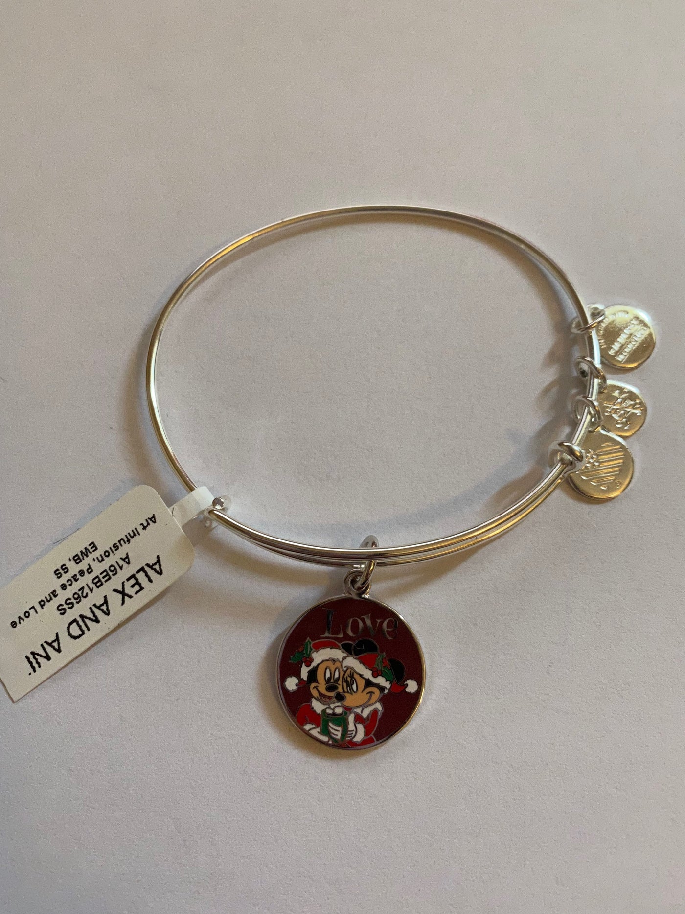 Disney Alex and Ani Parks Mickey Minnie Love Holiday Bangle Bracelet Silver New Tags