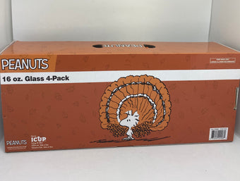 Peanuts Gang Snoopy Welcome Fall Autumn 16oz Glass Set of 4 New with Box