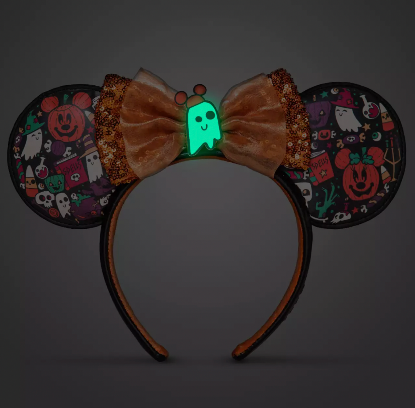 Disney Halloween Minnie Boo Glow in the Dark Ghost Ear Headband Sequined Bow New