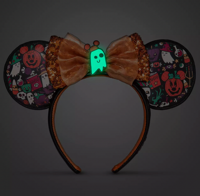 Disney Halloween Minnie Boo Glow in the Dark Ghost Ear Headband Sequined Bow New