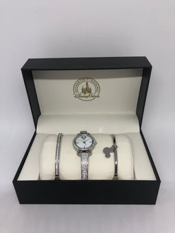 Disney Parks Silver Finish Mickey Icon Watch Set with Bracelet New with Case