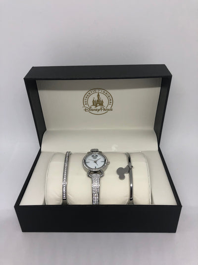 Disney Parks Silver Finish Mickey Icon Watch Set with Bracelet New with Case