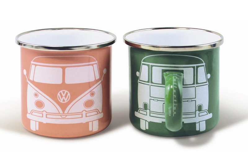 VW Volkswagen Collection T1 Bus Green and Pink Enamel Set of 2 Mug New with Box