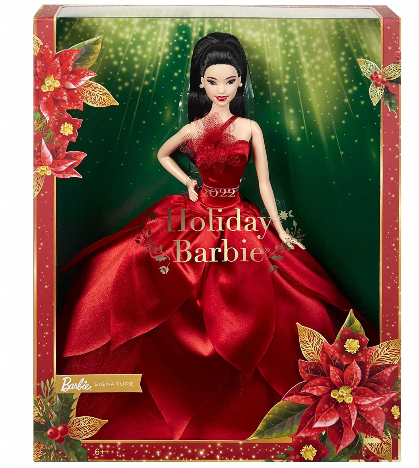 Barbie Signature 2022 Holiday Barbie Doll Straight Black Hair with Doll Stand