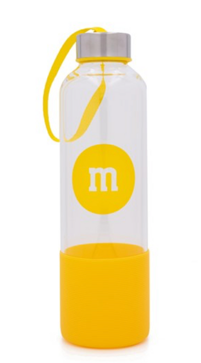 M&M's World Yellow Character Water Glass Bottle with Silicone Bottom New