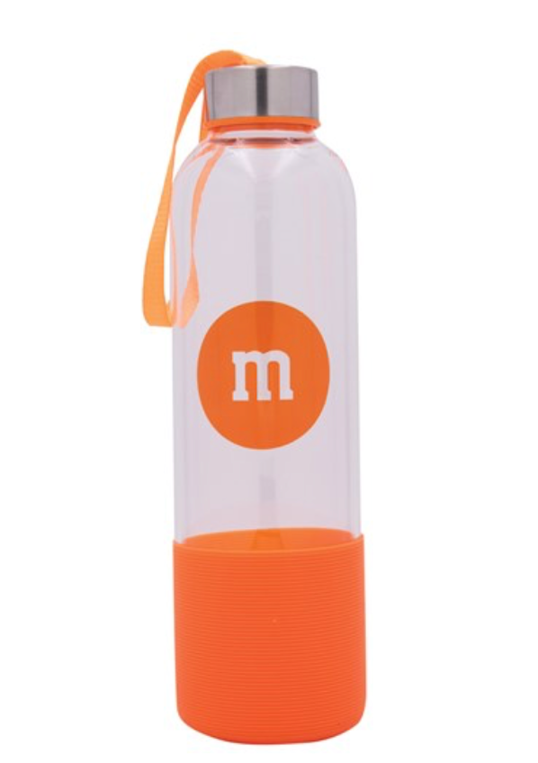 M&M's World Orange Character Water Glass Bottle with Silicone Bottom New