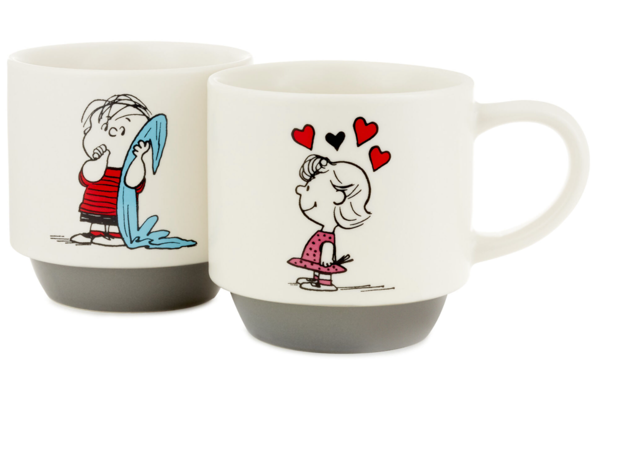 Hallmark Peanuts Linus and Sally Roses Are Red Stacking Mugs Set of 2 New