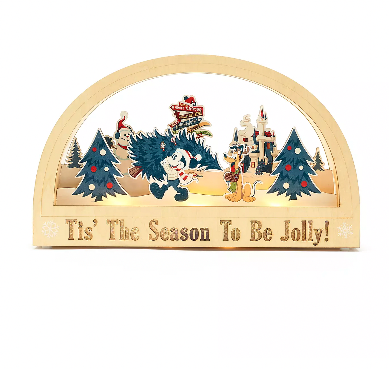 Disney Walt's Holiday Lodge Mickey Pluto Christmas Wood Light Up Sign New Box