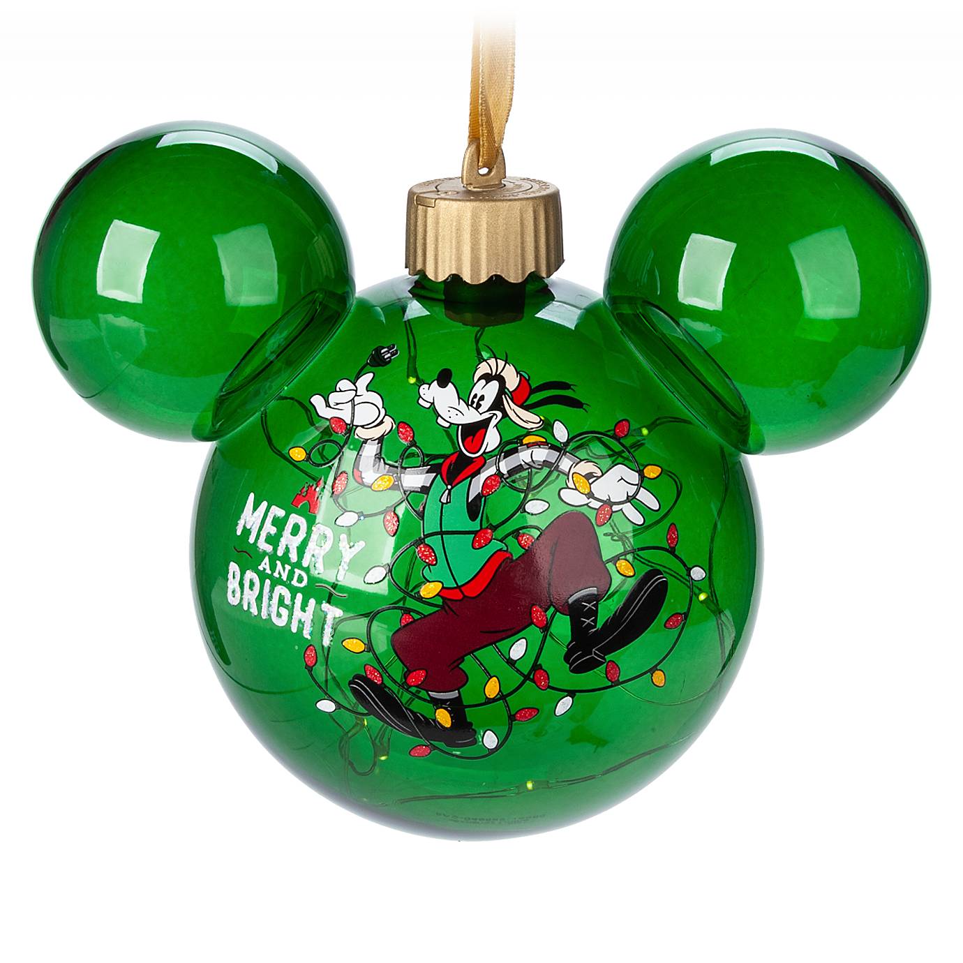 Disney Parks Yuletide Farmhouse Goofy Light-Up Mickey Icon Glass Ornament New