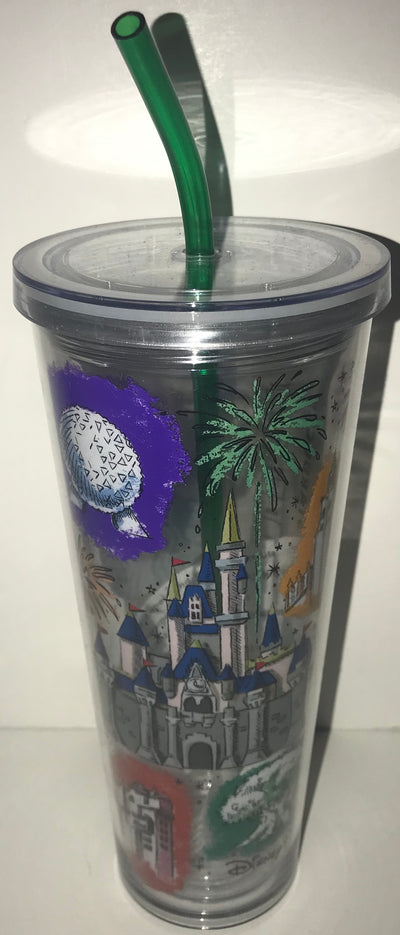 Disney Walt Disney World Starbucks Attractions Acrylic Tumbler w Straw 24oz New