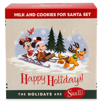 Disney Parks Santa Mickey & Minnie Cookie Plate and Milk Glass Set New with Box