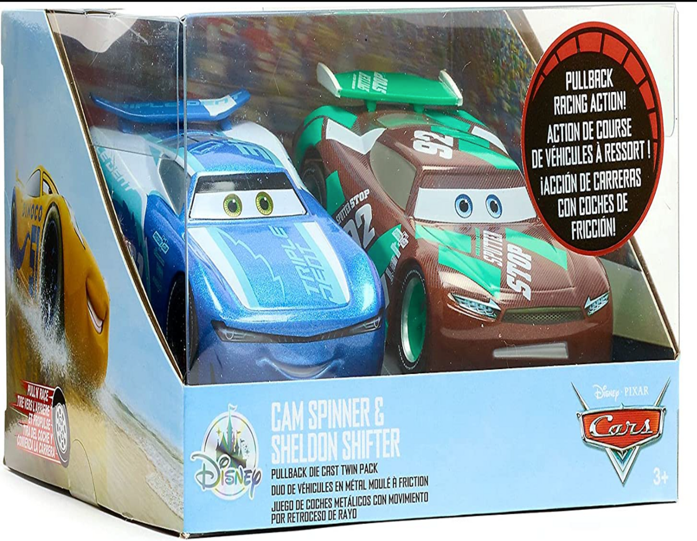 Disney Parks Pixar Cars Cam Spinner & Sheldon Shifter Pullback Car New With Box