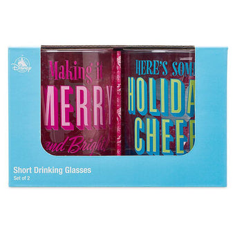 Disney Parks Holiday Cheer Merry and Bright Short Drinking Glasses Set of 2 New