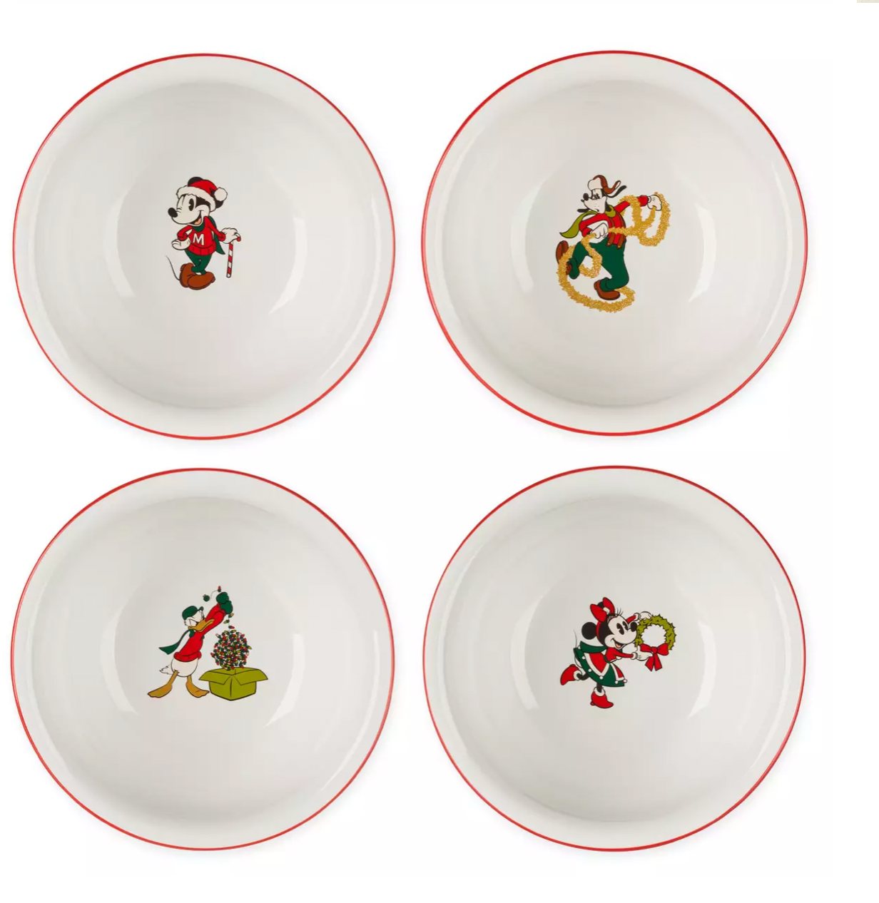 Disney Retro Mickey Minnie Donald Goofy Christmas Holiday Bowl Set of 4 New