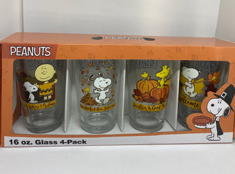 Peanuts Gang Snoopy Welcome Fall Autumn 16oz Glass Set of 4 New with Box